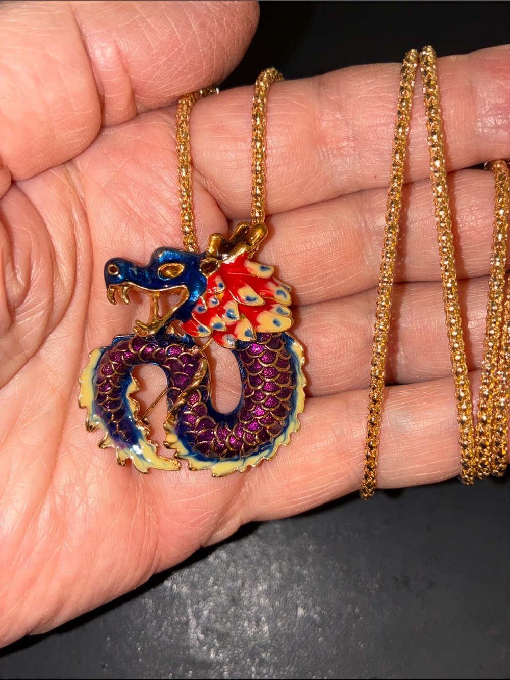 Dragon Pendant/Brooch Necklace - Multicolor Enamel